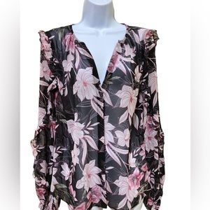 White House Black Market chiffon blouse, long sleeves, pink florals, black, L